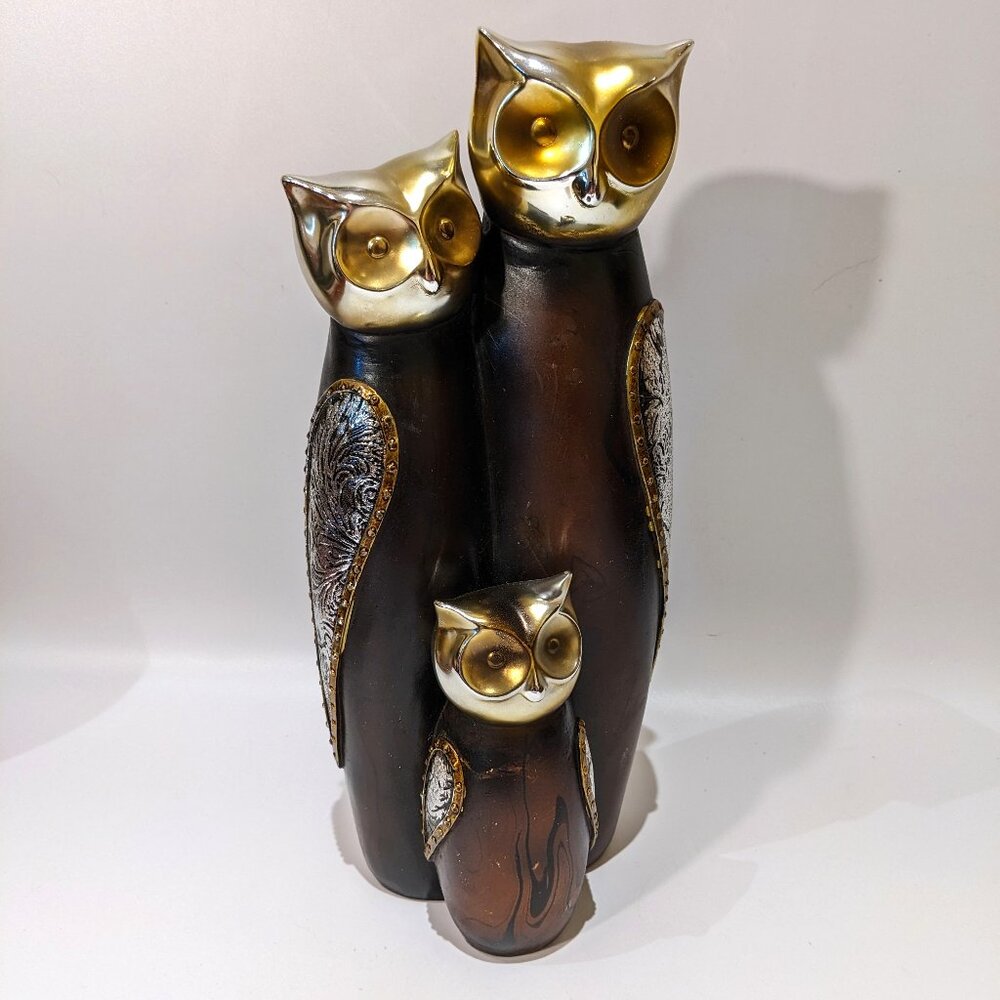 Adorable Trio of 3 Wise Owls Mama Papa Baby Décor Accent Piece Gold & Brown